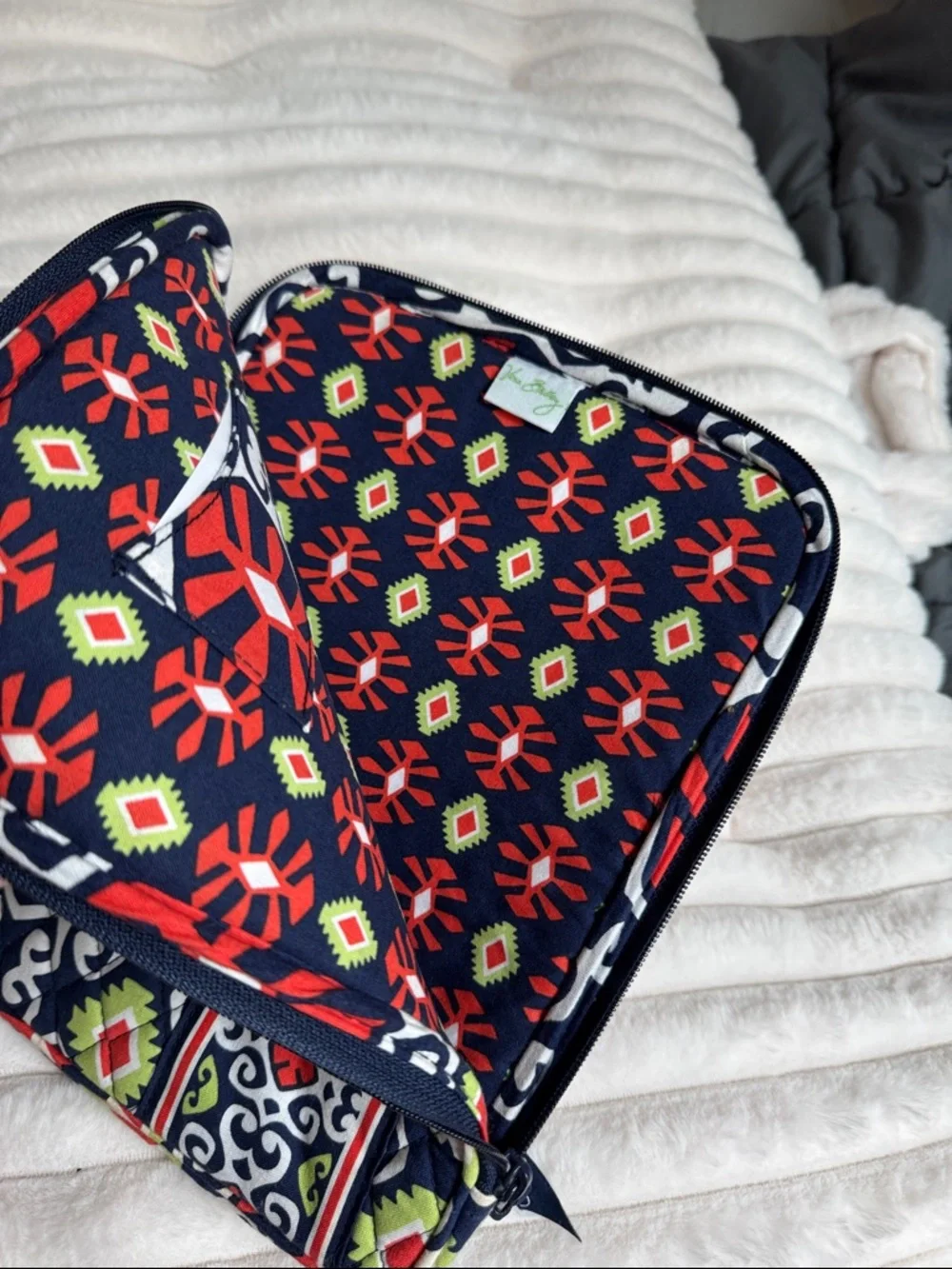 Vera Bradley Navy Quilted Zip Pouch with Red, Lime & White Motif